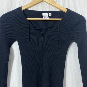 Ribbed Tie V-Neck, Sexy Bodycon Shirt